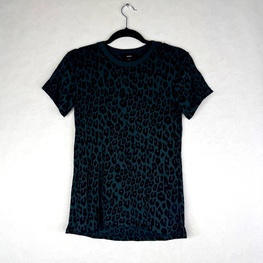 DIESEL Green T-Shirt with Sheer Leopard Spots - Sz XS
